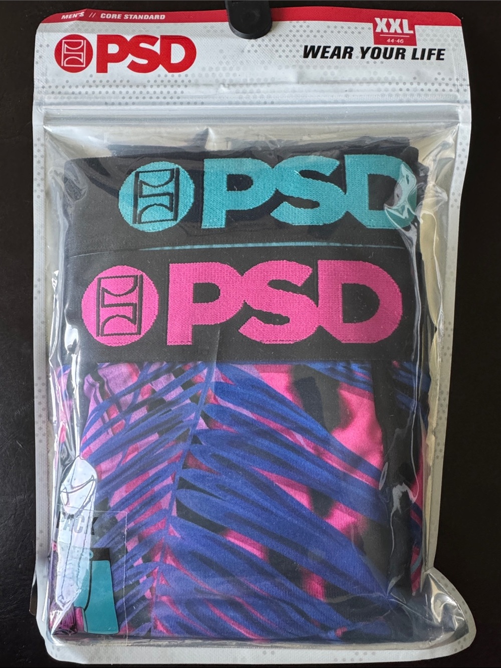 PSD Men's Boxer Briefs — Black with Teal & Pink Logos and Blue/Pink Leaf Print